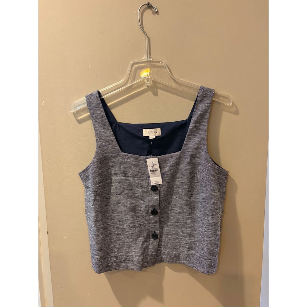 New Loft Outlet Navy White Striped Linen Blend Square Neck Button Front Tank XS